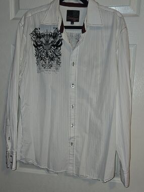 Point Zero Men's White Button-Down Shirt with Black Graphic